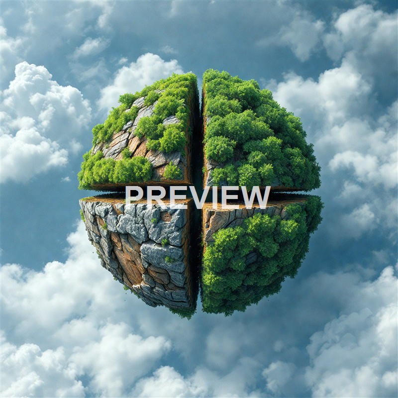 The image shows a surreal, floating spherical landmass divided into four quadrants, each featuring different types of lush green trees and rocky terrain, set against a backdrop of a cloudy sky.